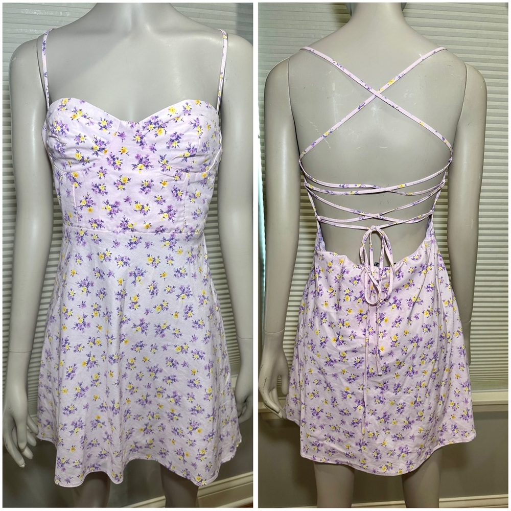 New Zara Linen Cotton Blend Floral Mini Dress Lilac Sleeveless Crisscross Back M